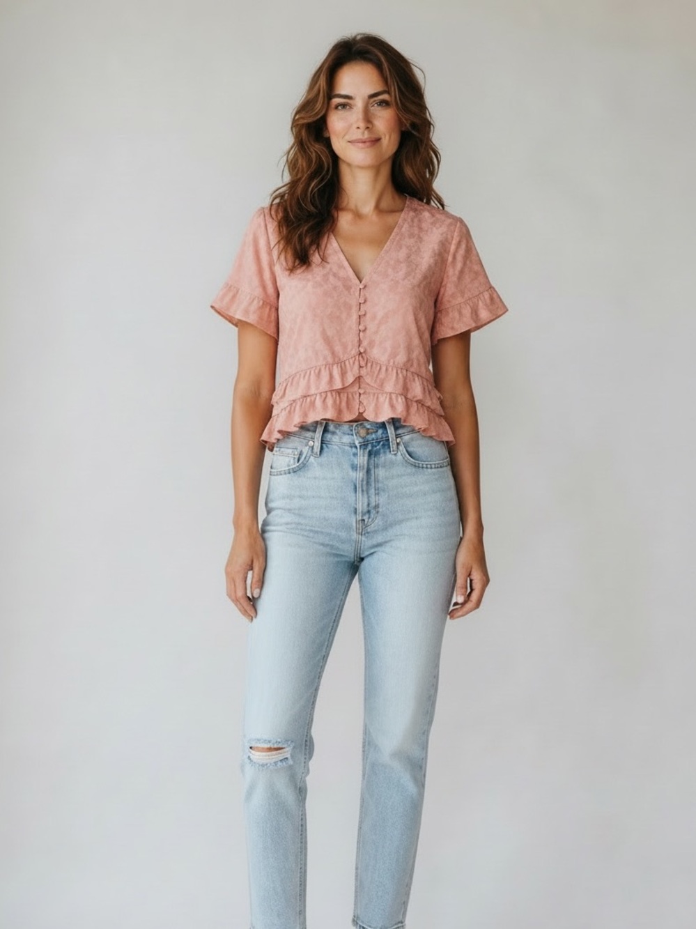 ASTR Blush Pink Ruffle V-Neck Button-Front Top